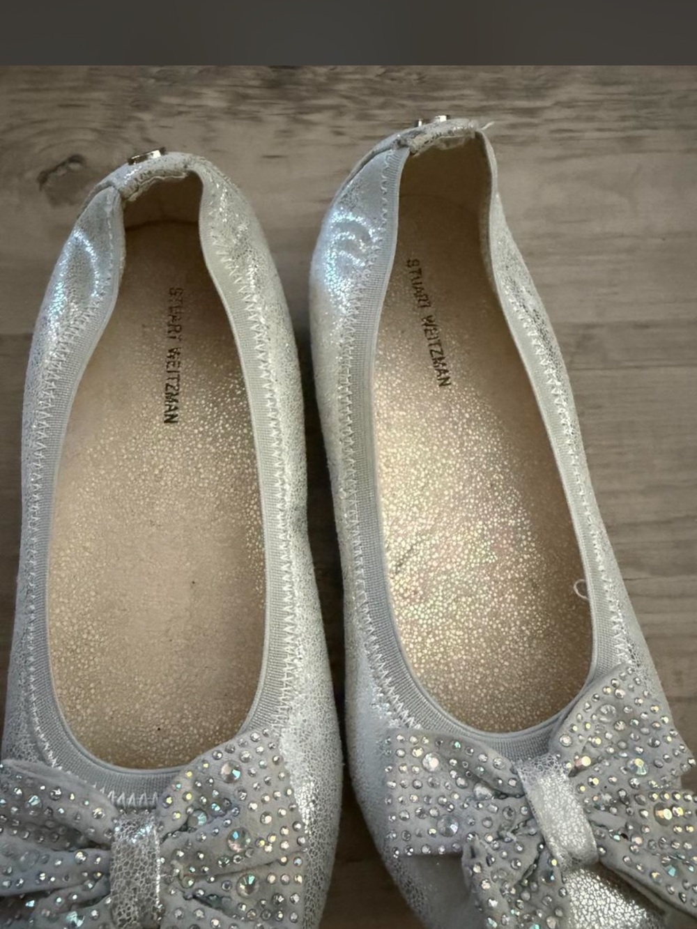Stuart Weitzman Silver Glitter Bow Flats